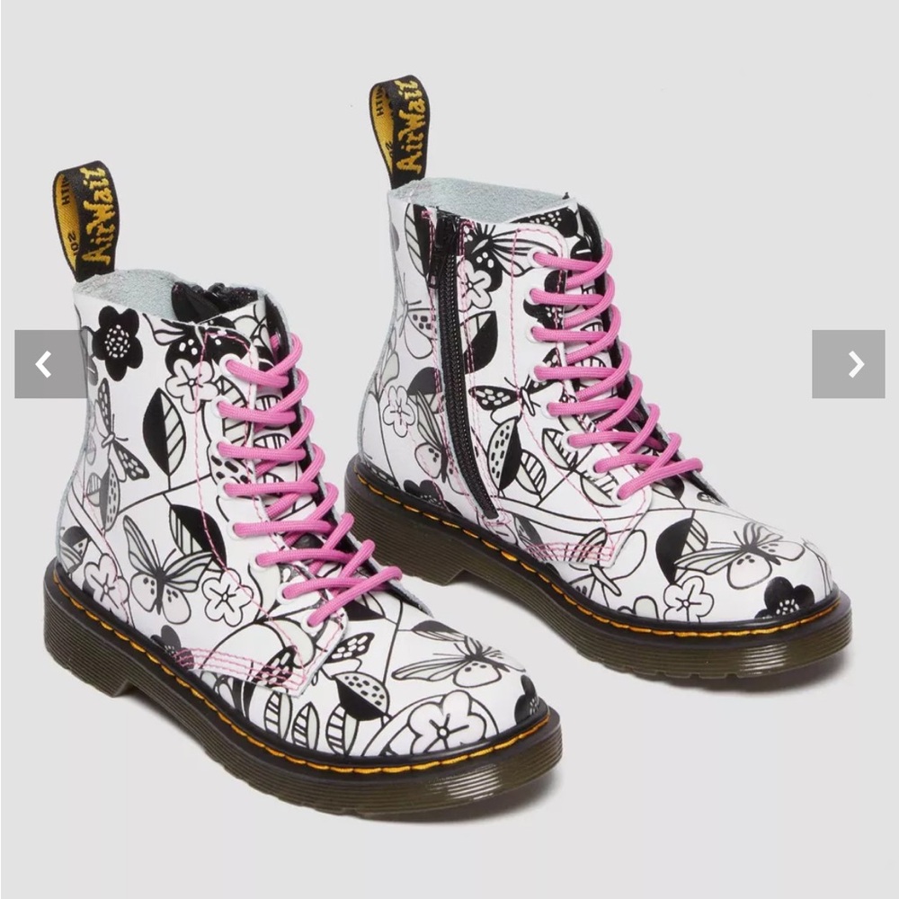 Dr. Martens White Floral Combat Boots with Pink Laces brand new